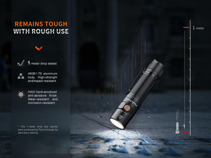 Fenix E35R high-performance rechargeable LED flashlight dropped on concrete