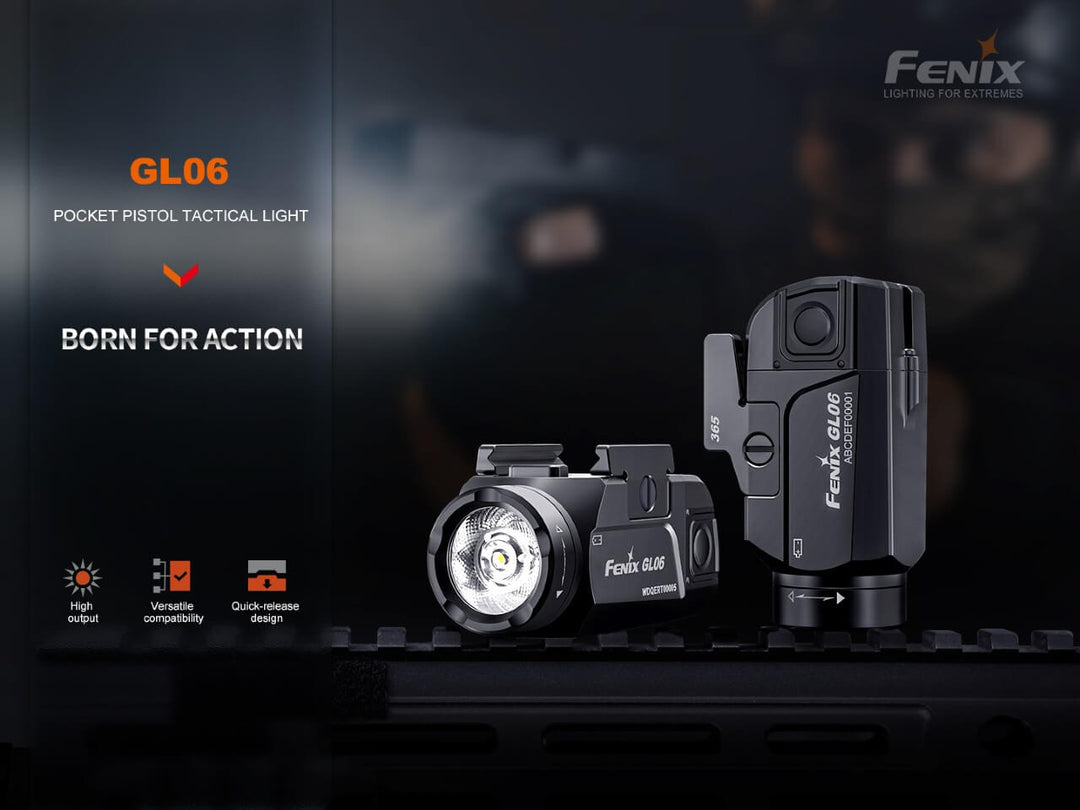 Fenix GL06 Pocket Pistol Tactical LED Light on metal surface