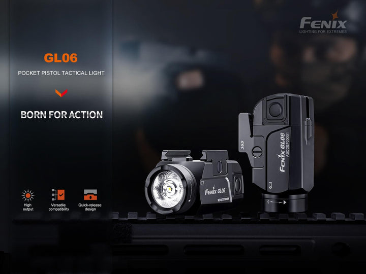 Fenix GL06 Pocket Pistol Tactical LED Light on metal surface