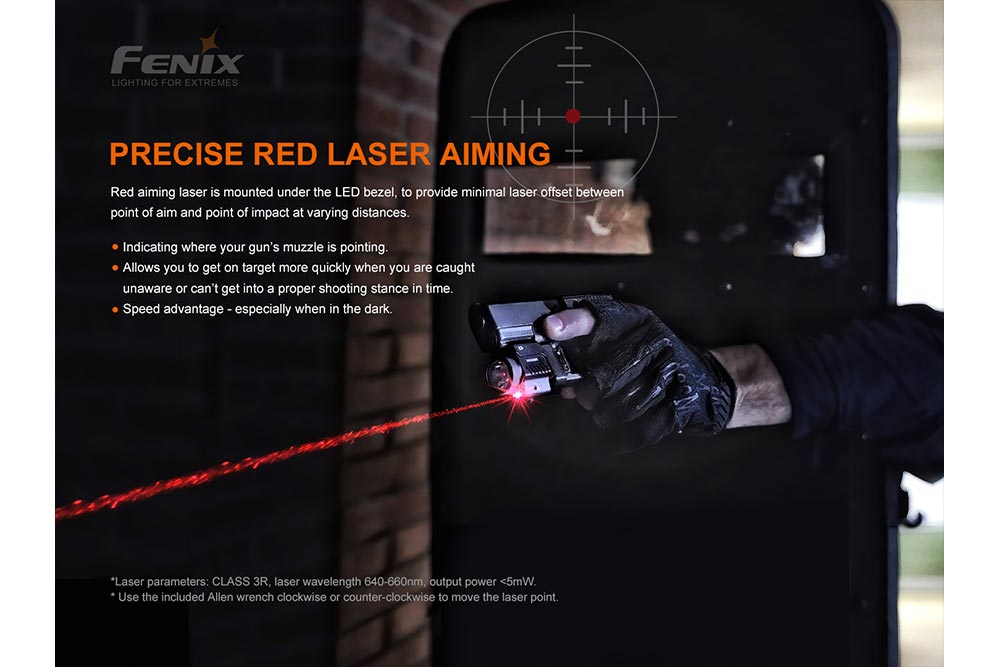 Fenix GL22 Red Laser Tactical Flashlight attached to a weapon with the laser active