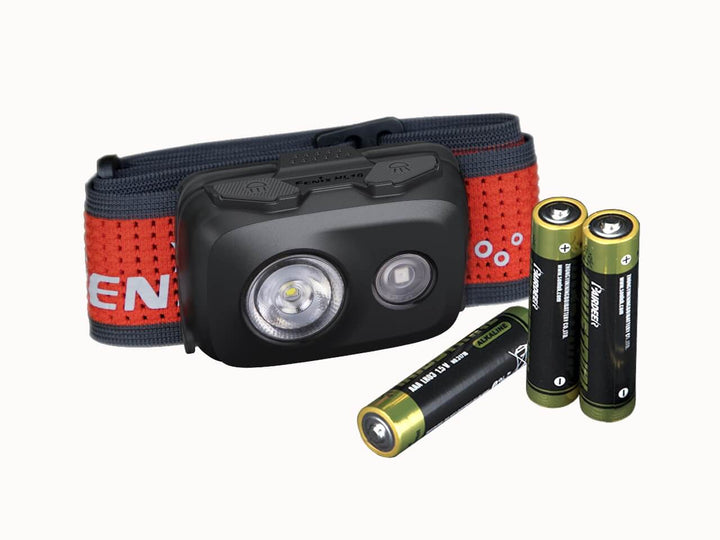 Fenix HL16 lightweight hiking headlamp in black with batteries on white background