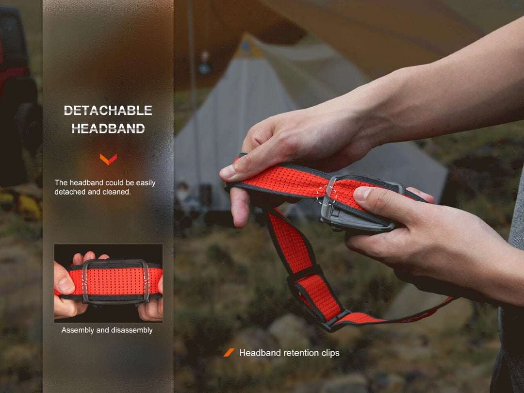 Fenix HL16 lightweight hiking headlamp headband being detached from the headlamp