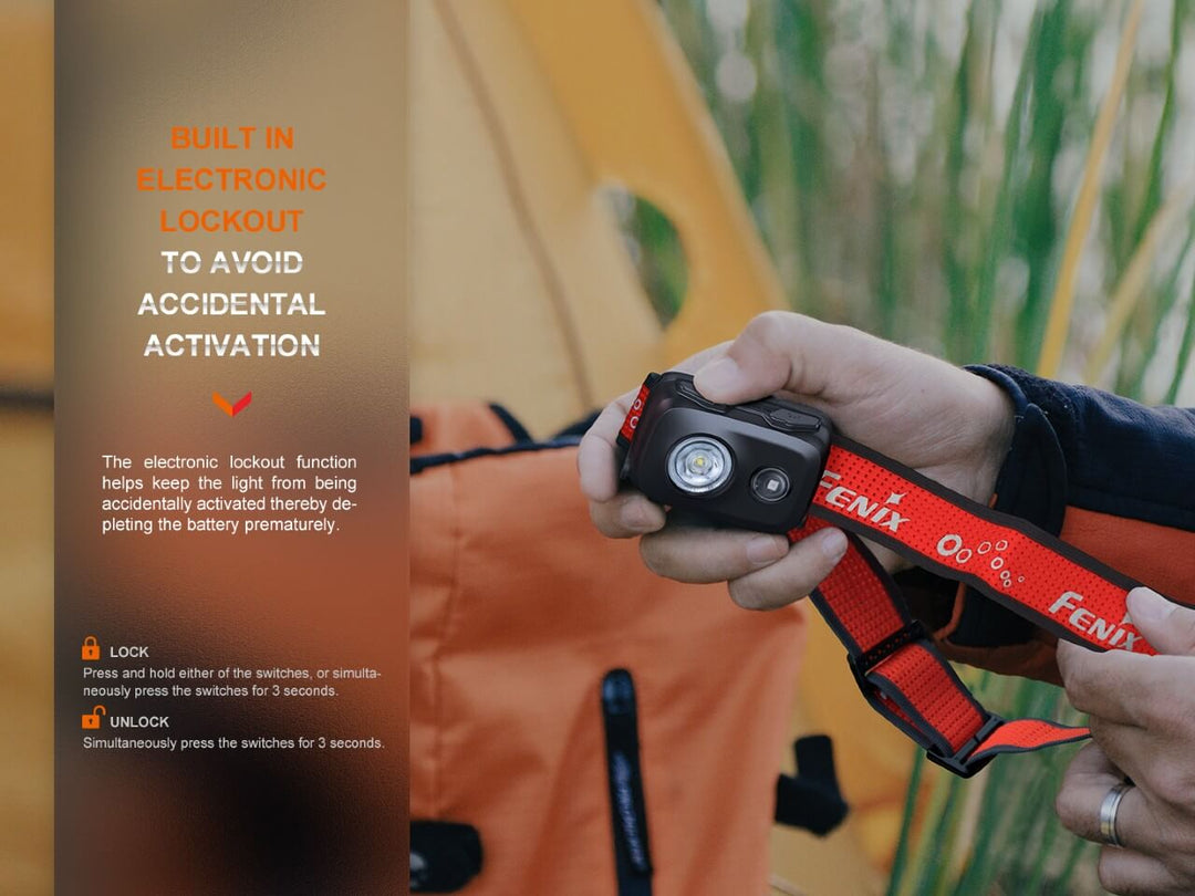 A user activating the lockout feature of the Fenix HL16 lightweight hiking headlamp 