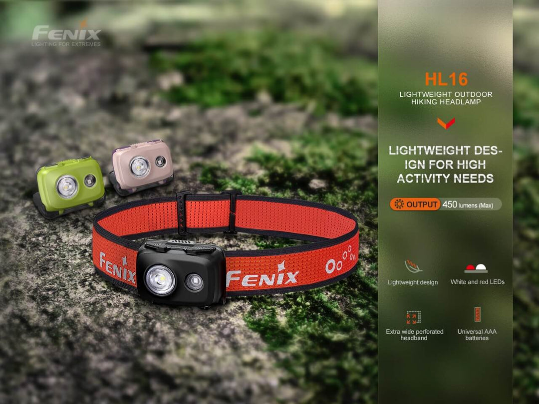 Three colors of the Fenix HL16 lightweight hiking headlamp sitting on mossy stone
