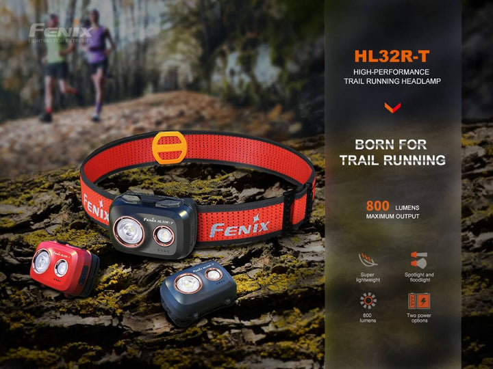 Fenix HL32R-T Trail Running Headlamp in three colors sitting on bark