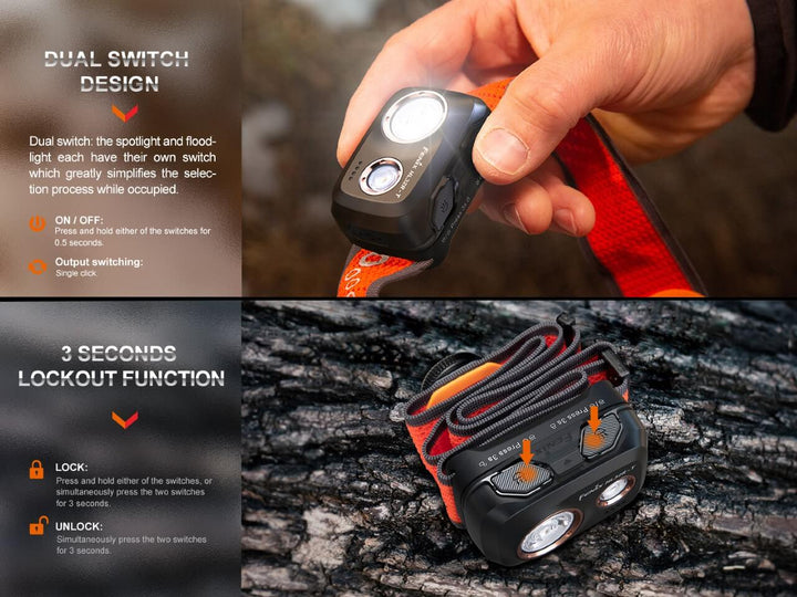 Two photos showing the features of the switches of the Fenix HL32R-T Trail Running Headlamp 