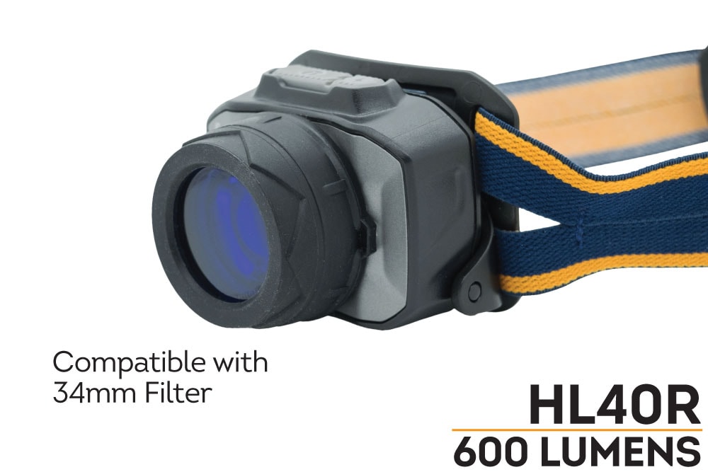 Fenix HL40R focusable headlamp with filter attached