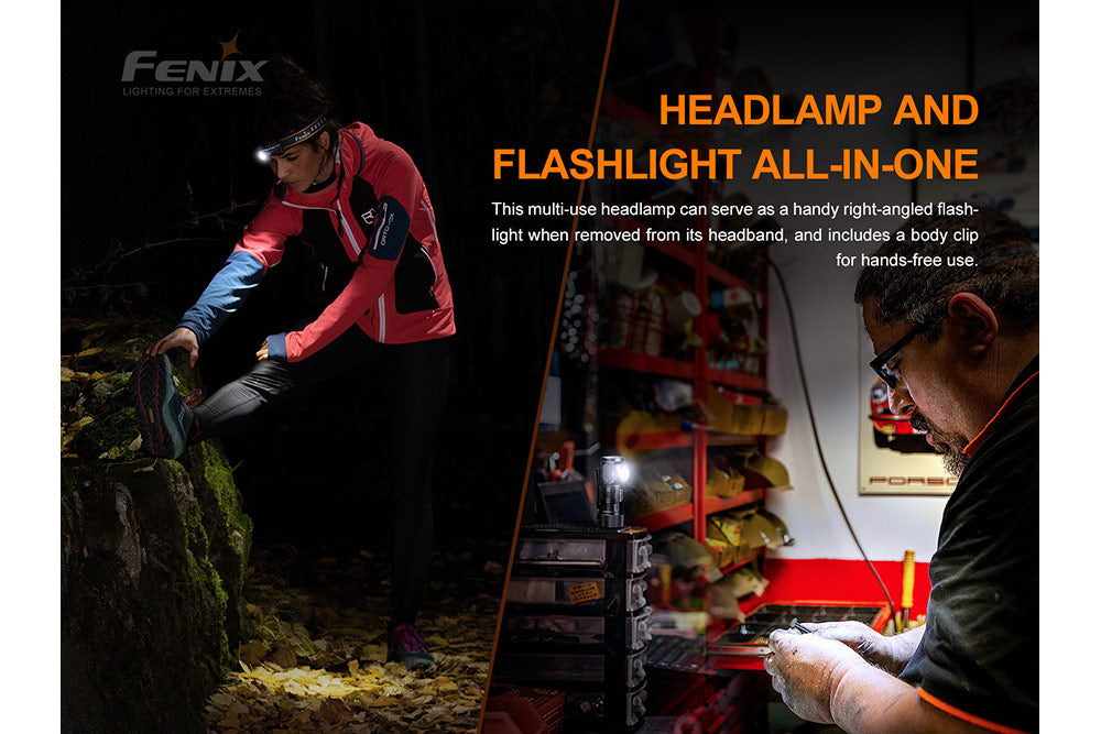 Two photos showing the Fenix HM50R V2 LED headlamp used on the head and in hand
