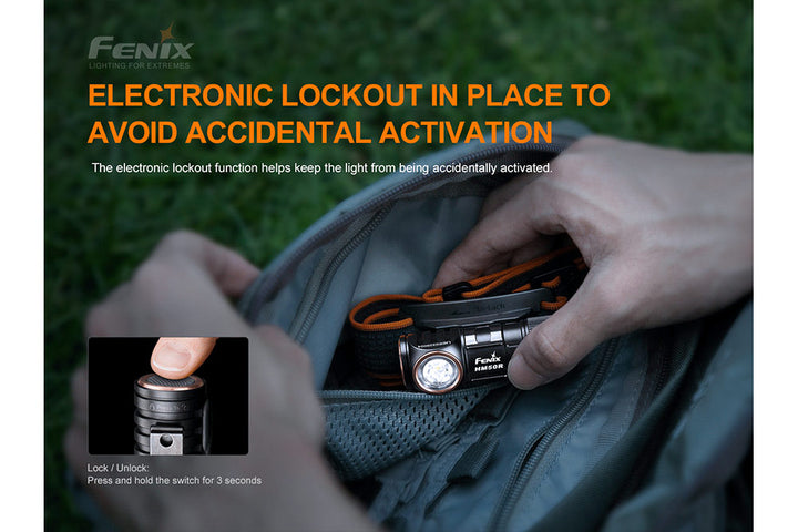 A user using the lockout function of the Fenix HM50R V2 LED headlamp and then putting it in their bag