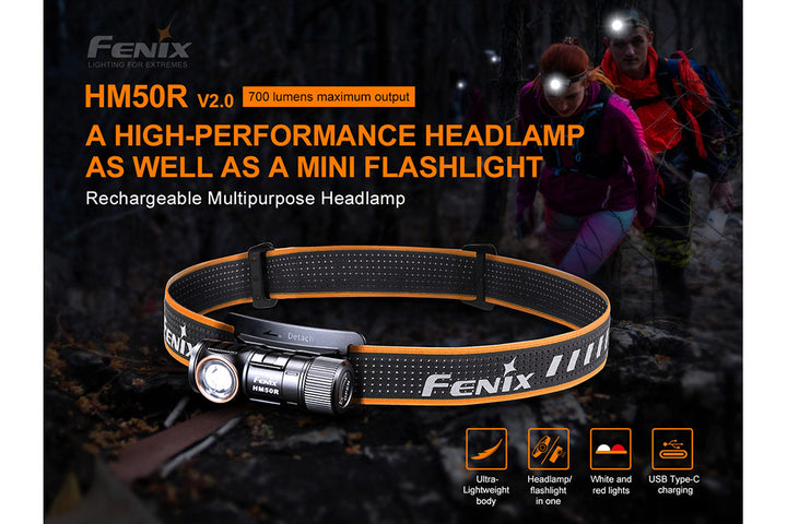 Fenix HM50R V2 LED headlamp with a pair of hikers in the background