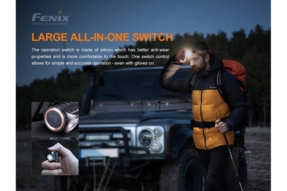 A hiker turning on the Fenix HM50R V2 LED headlamp as they leave their vehicle 