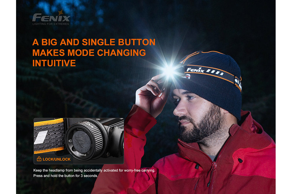 A user operating the Fenix HM60R LED headlamp 