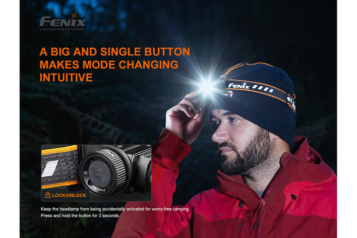 A user operating the Fenix HM60R LED headlamp 