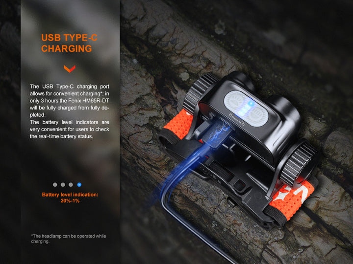 Fenix HM65R-DT trail running headlamp with USB-C cable plugged in to charge