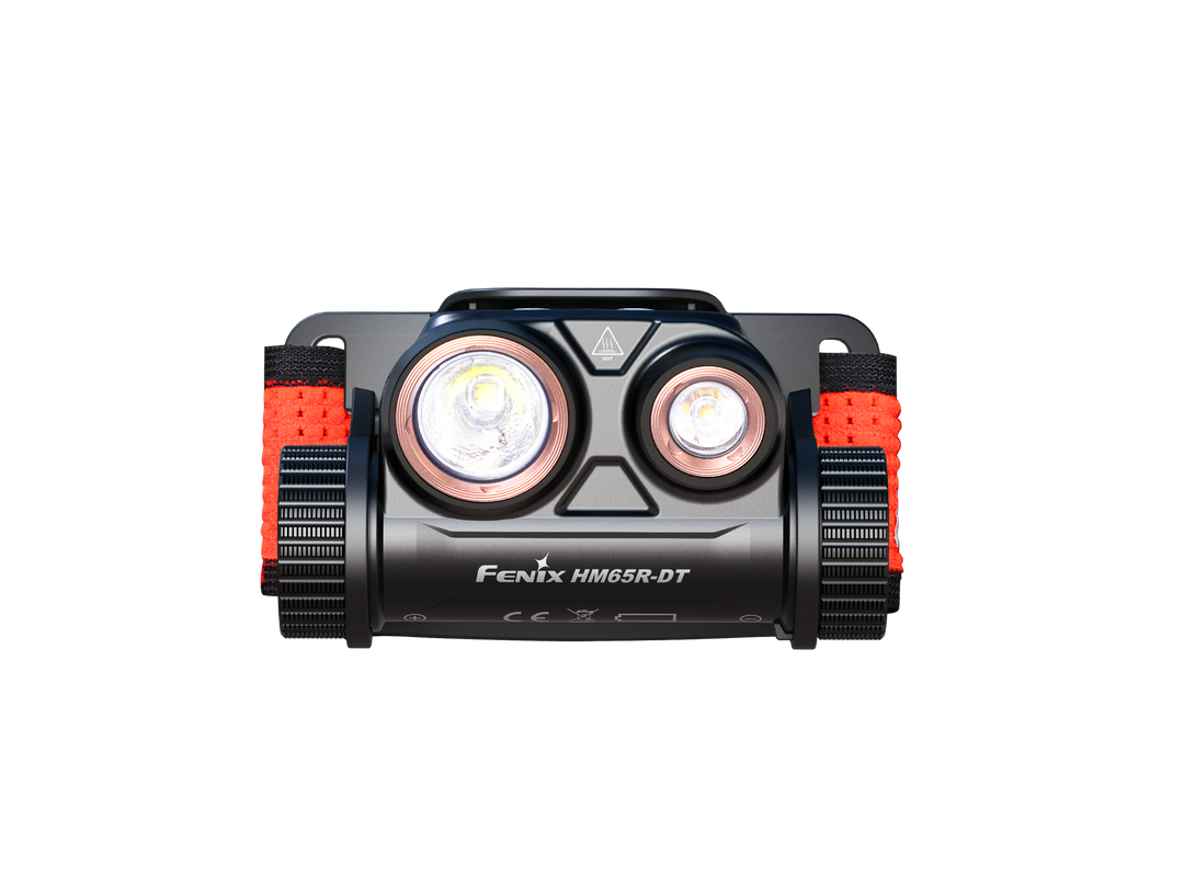Fenix HM65R-DT trail running headlamp as viewed from the front