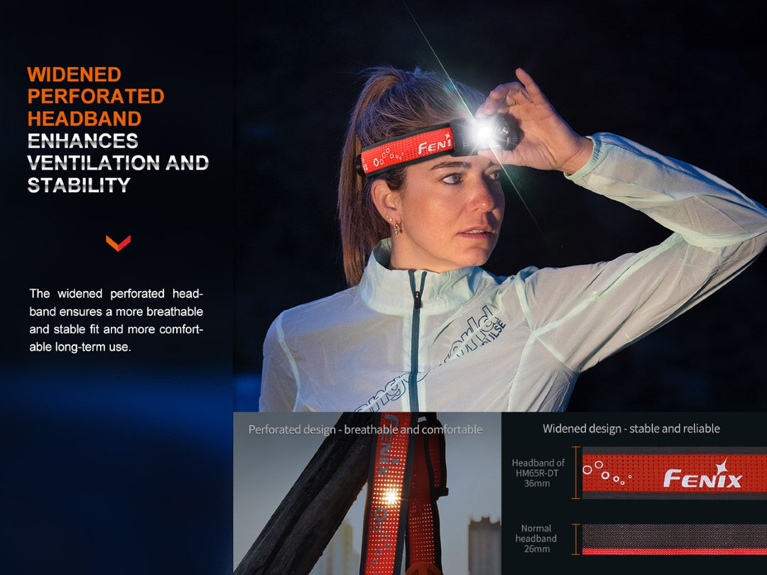 A woman turning on the Fenix HM65R-DT trail running headlamp 