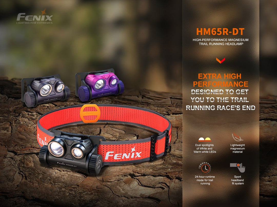Fenix HM65R-DT trail running headlamp in three colors on bark