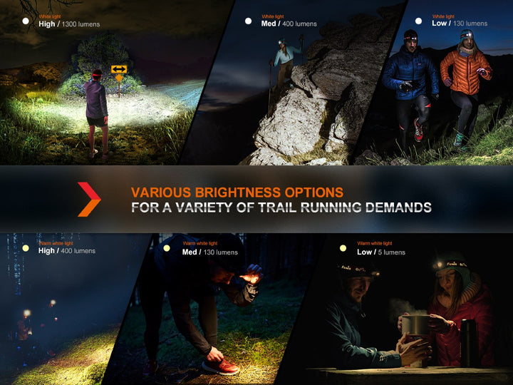 Several photos showing the different outputs of the Fenix HM65R-DT trail running headlamp 
