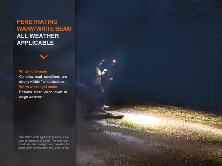 Fenix HM65R-DT trail running headlamp  penetrating warm beam used for running in the fog