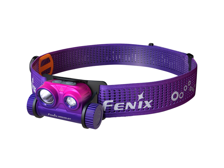 Fenix HM65R-DT trail running headlamp in purple as viewed from a front right angle