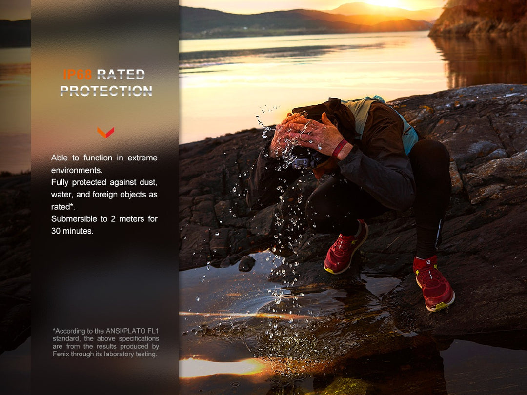 A hiker washing their hair in a stream while wearing the Fenix HM65R-DT trail running headlamp 