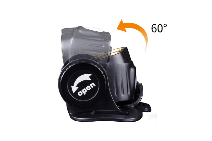 Graphic showing the tilt mechanism of the Fenix HM65R rechargeable LED headlamp 