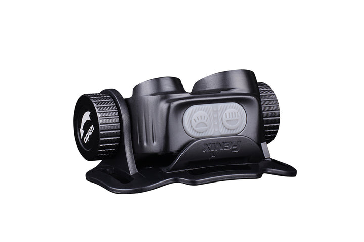 Fenix HM65R rechargeable LED headlamp as viewed from a top left angle
