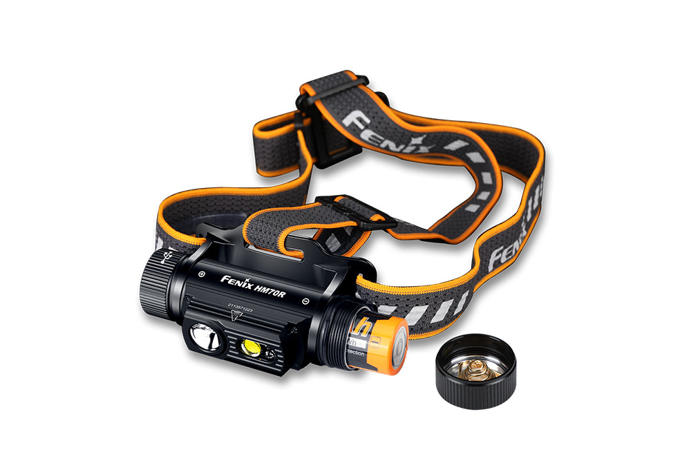 Fenix HM70R rechargeable headlamp with battery being removed