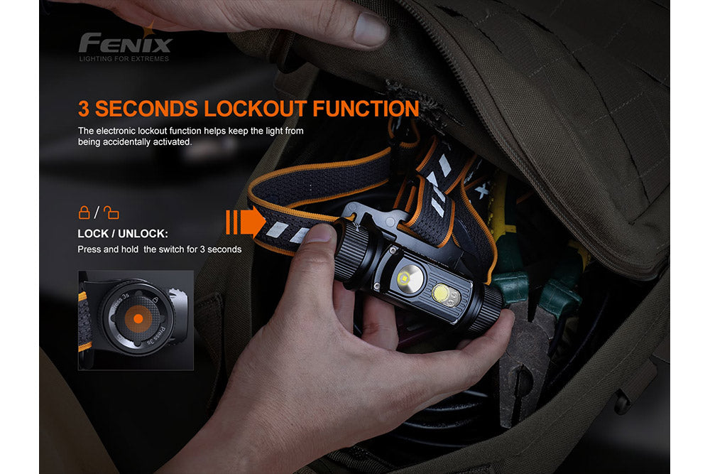A user activating the lockout feature of the Fenix HM70R rechargeable headlamp while placing it into a bag