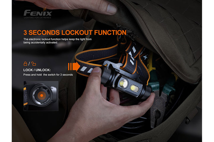 A user activating the lockout feature of the Fenix HM70R rechargeable headlamp while placing it into a bag