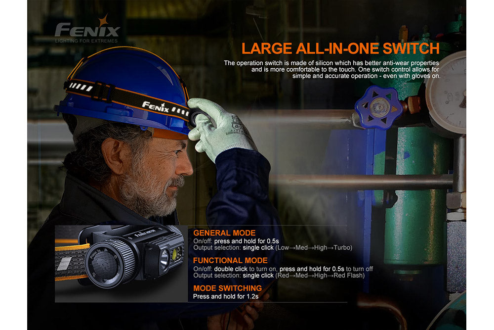 An industrial working activating the large switch of the Fenix HM70R rechargeable headlamp while wearing gloves