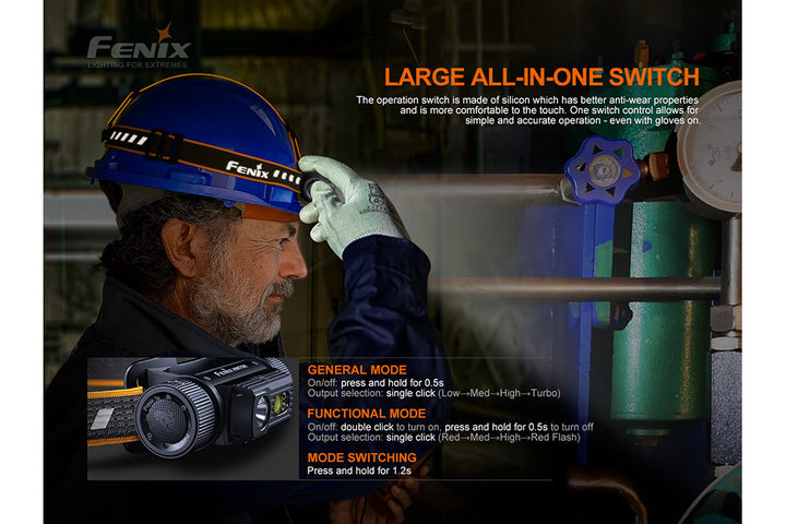 An industrial working activating the large switch of the Fenix HM70R rechargeable headlamp while wearing gloves