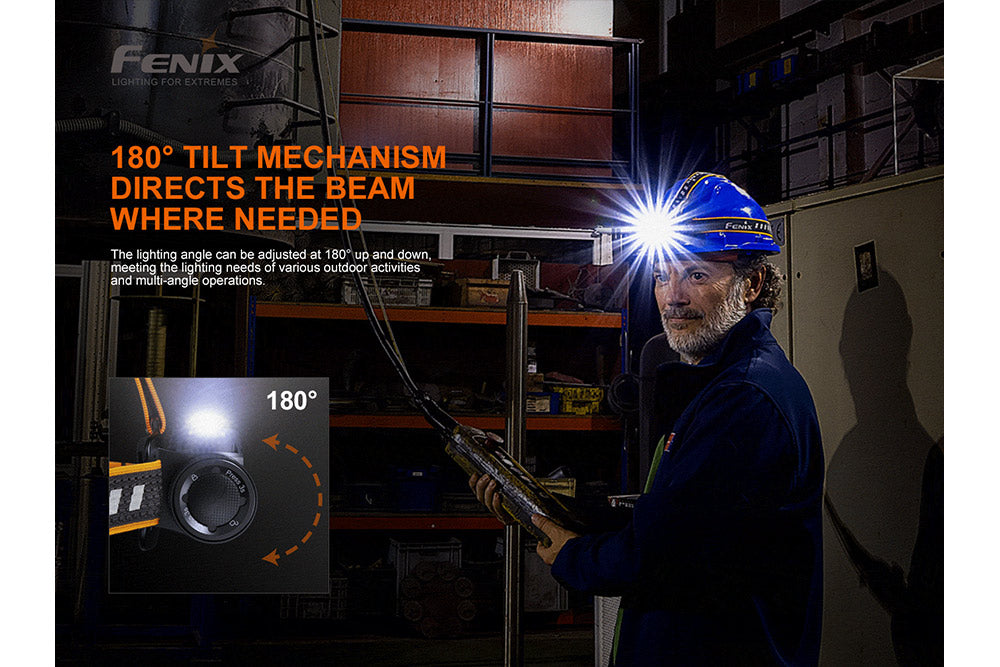 A worker wearing the Fenix HM70R rechargeable headlamp on his helmet with graphics showing its tilt mechanism
