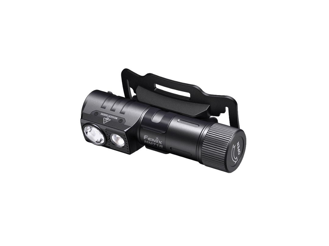 Fenix HM71R rechargeable headlamp as viewed from a top right angle
