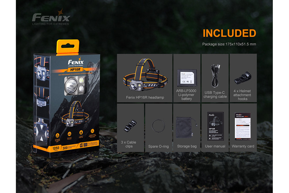 Fenix HP16R Rechargeable Headlamp in packaging with included accessories