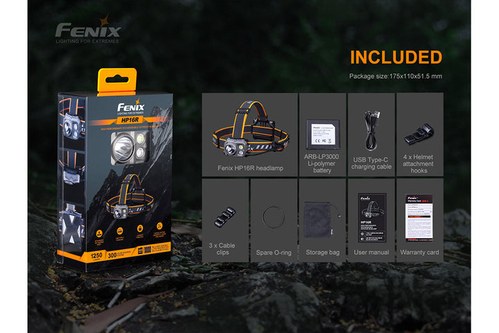 Fenix HP16R Rechargeable Headlamp in packaging with included accessories