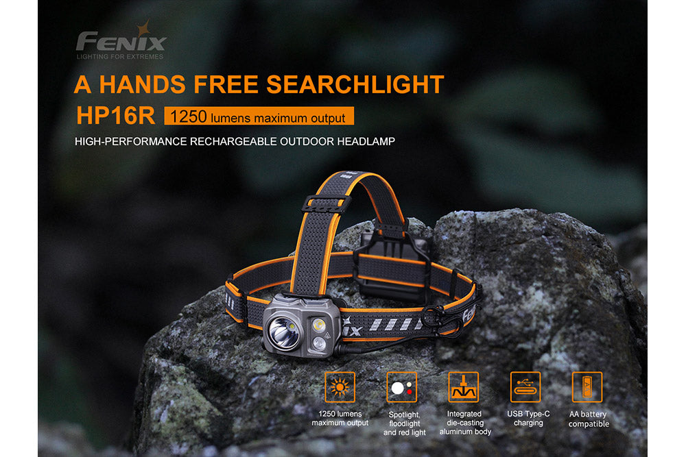 Fenix HP16R Rechargeable Headlamp on stone