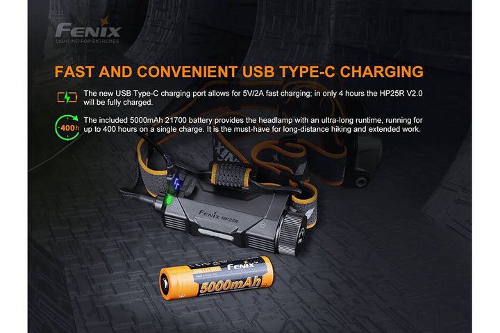 Fenix HP25R V2.0 headlamp with a battery, charging via its USB-C port