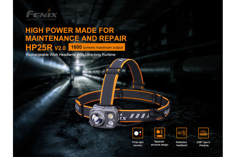 Fenix HP25R V2.0 headlamp in a tunnel
