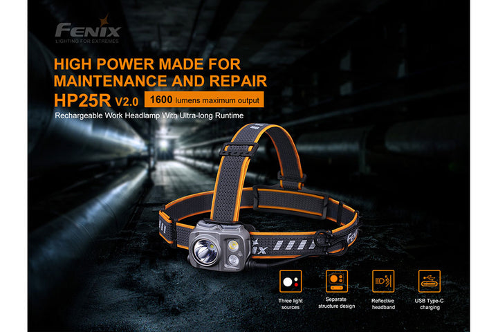 Fenix HP25R V2.0 headlamp in a tunnel