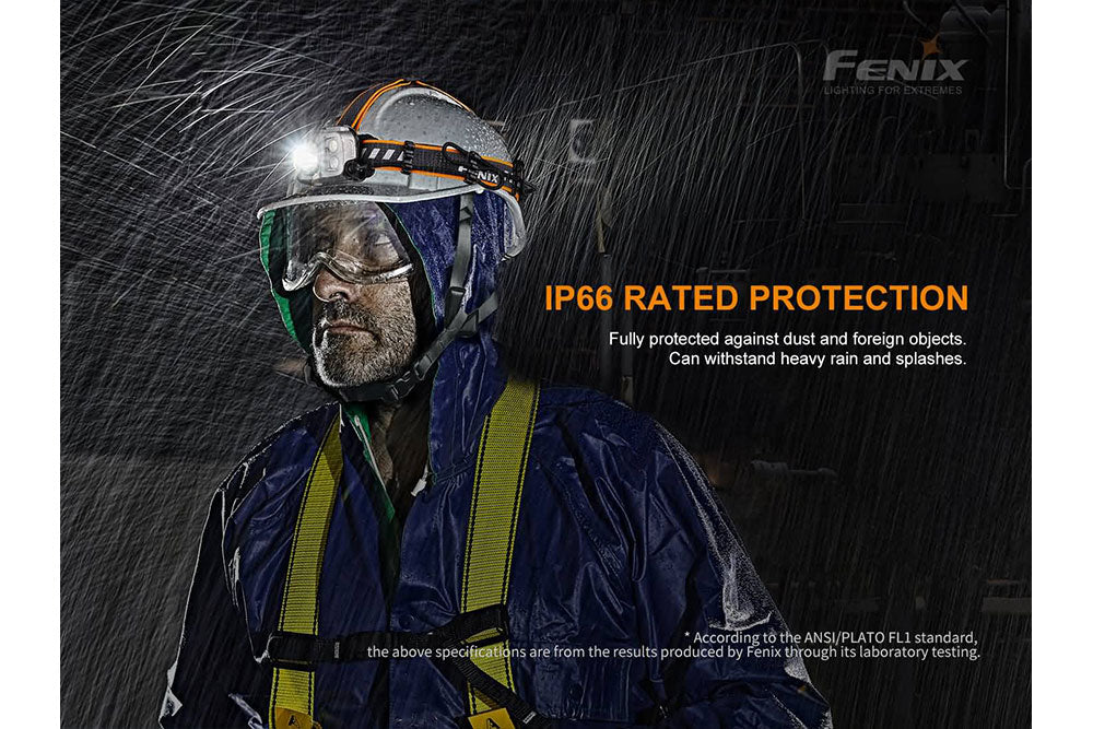 Fenix HP25R V2.0 headlamp used by a industrial worker in the rain