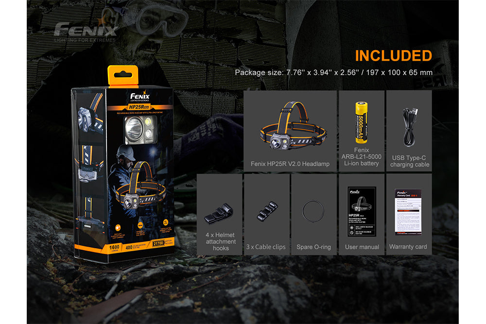 Fenix HP25R V2 headlamp in packaging with included accessories
