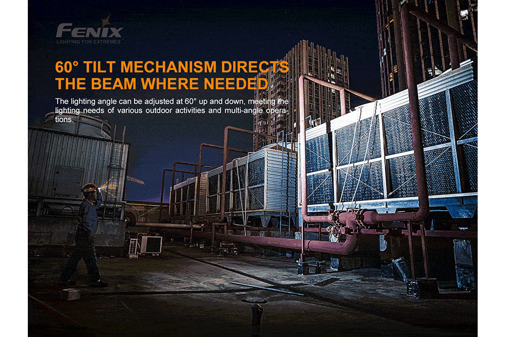 A worker using the tilt feature of the Fenix HP25R V2 headlamp to look above