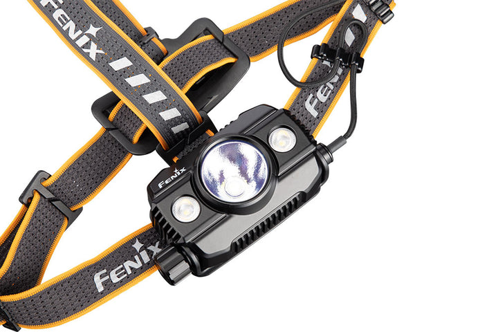 The front of the Fenix HP30R V2 LED headlamp as viewed from above