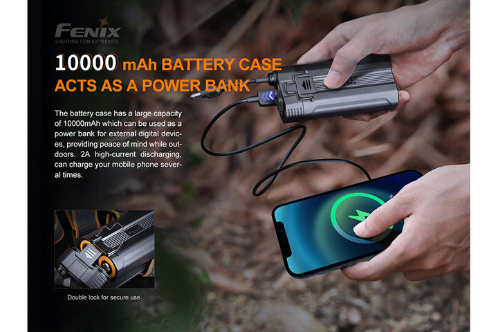 Fenix HP30R V2 LED headlamp battery pack used as a powerbank to recharge a cell phone
