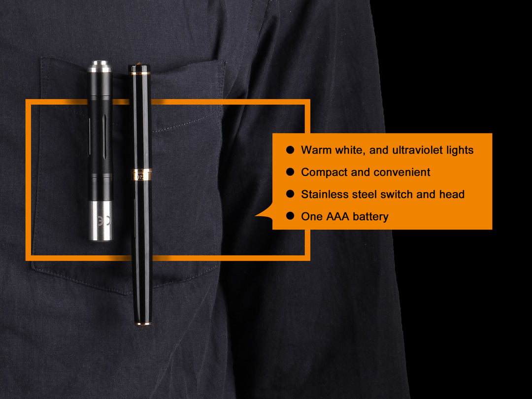 Fenix LD02 V2 Penlight clipped to a pocket next to a pen