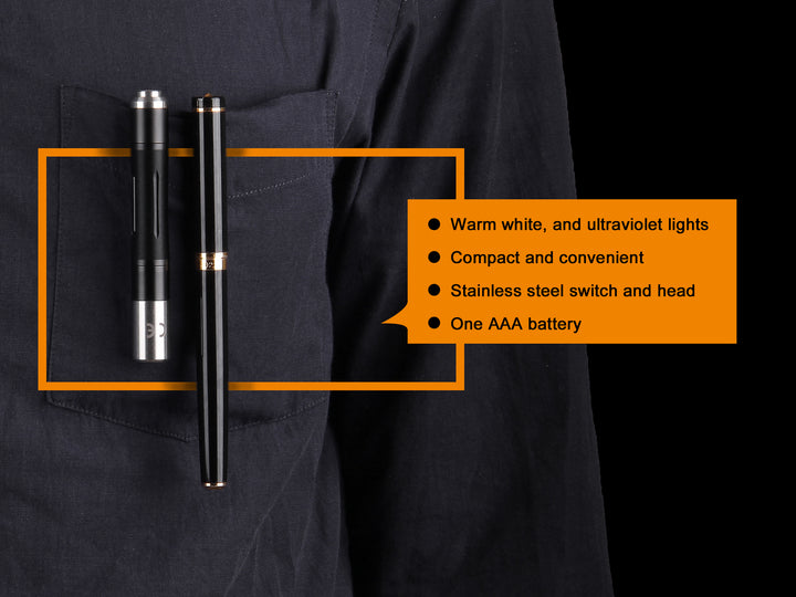 Fenix LD02 V2 Penlight clipped to a pocket next to a pen