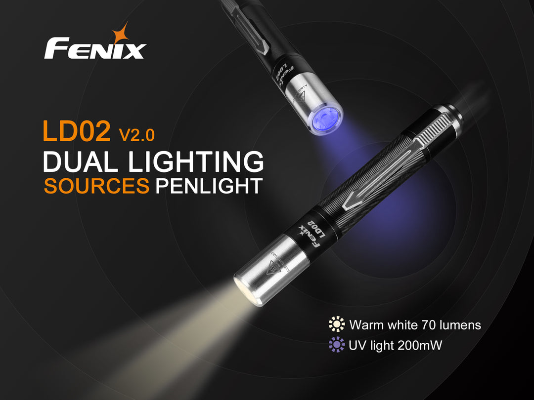 Two Fenix LD02 V2 Penlights using the white light and UV light