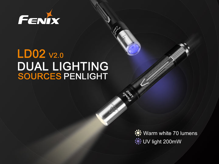 Two Fenix LD02 V2 Penlights using the white light and UV light