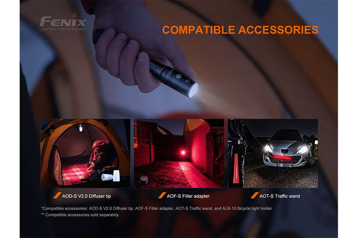 Several photos showing accessories compatible with the Fenix LD22 V2 compact LED flashlight 